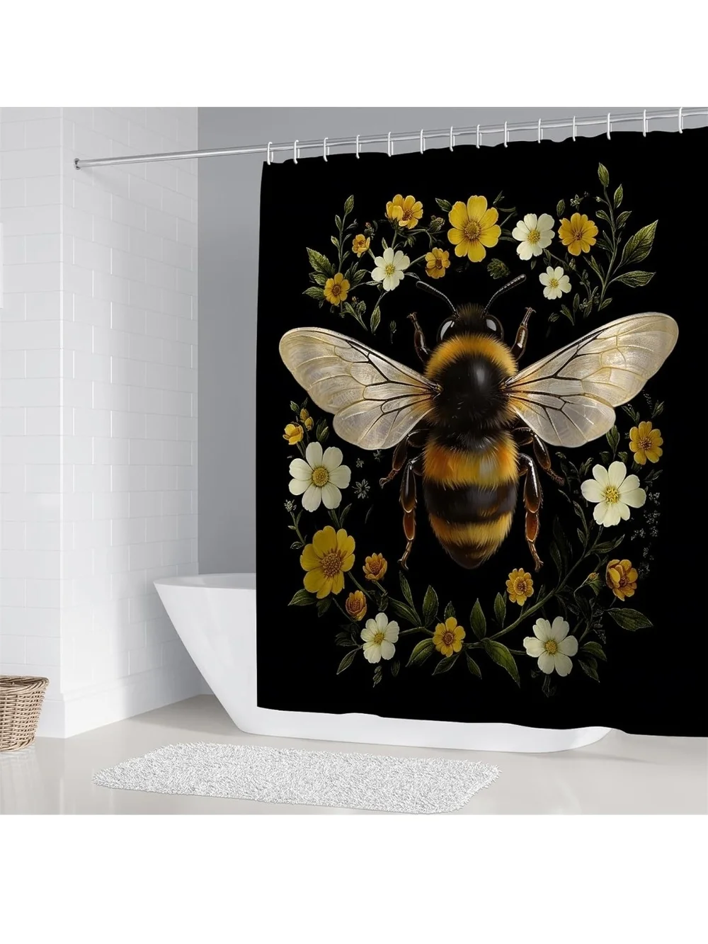 Bee Floral Black Shower Curtain and Bath Set